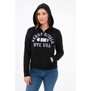 Aeropostale Puffy Logo Cozy Black Full Zip‎ Hoodie Sweatshirt Womens XL Comfort